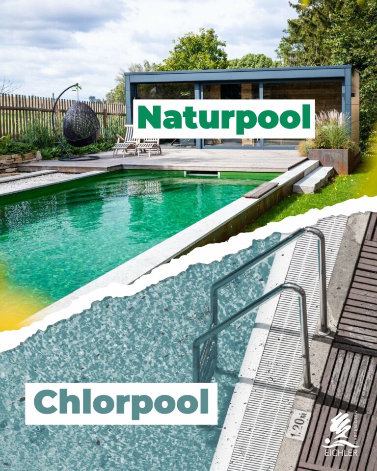 Ein schöner Naturpool in der oberen Hälfte des Bildes und unten ein Bild vom Poolrand eines Chlorpools