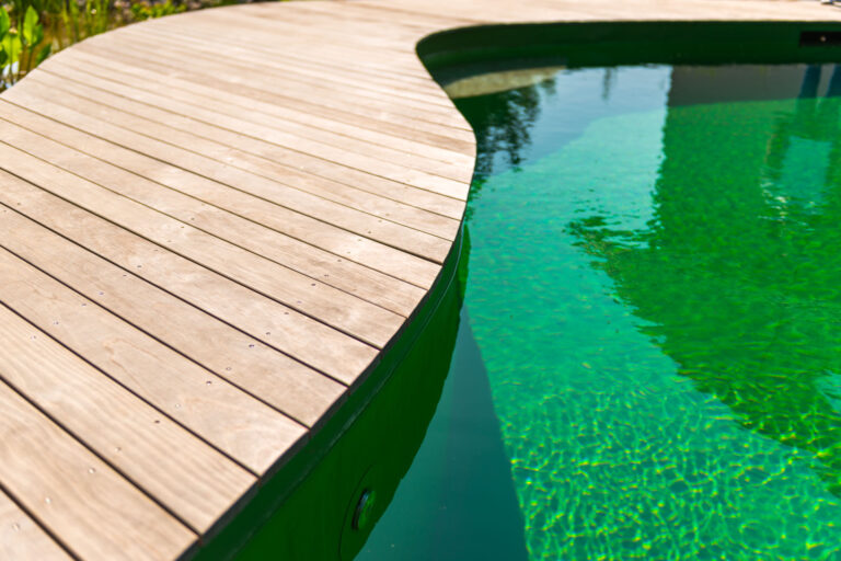 Nahaufnahme Badeteich mit umgebender Terrasse