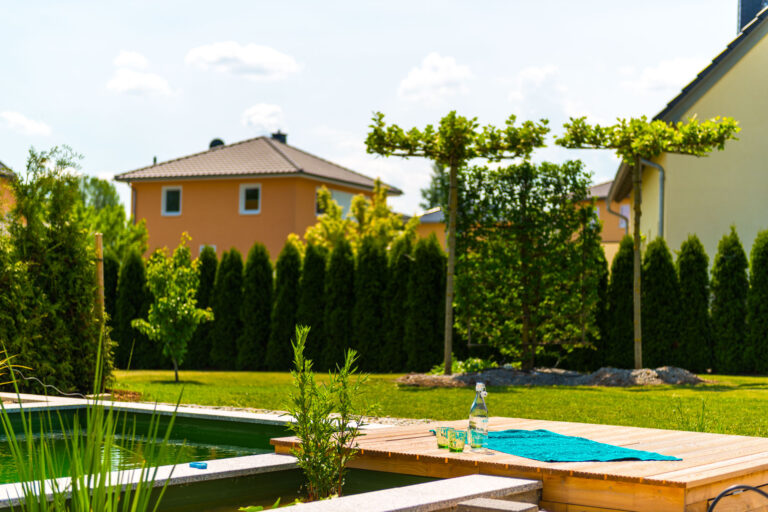Naturpool mit Holzterasse und Dachplatanen im Hintergrund