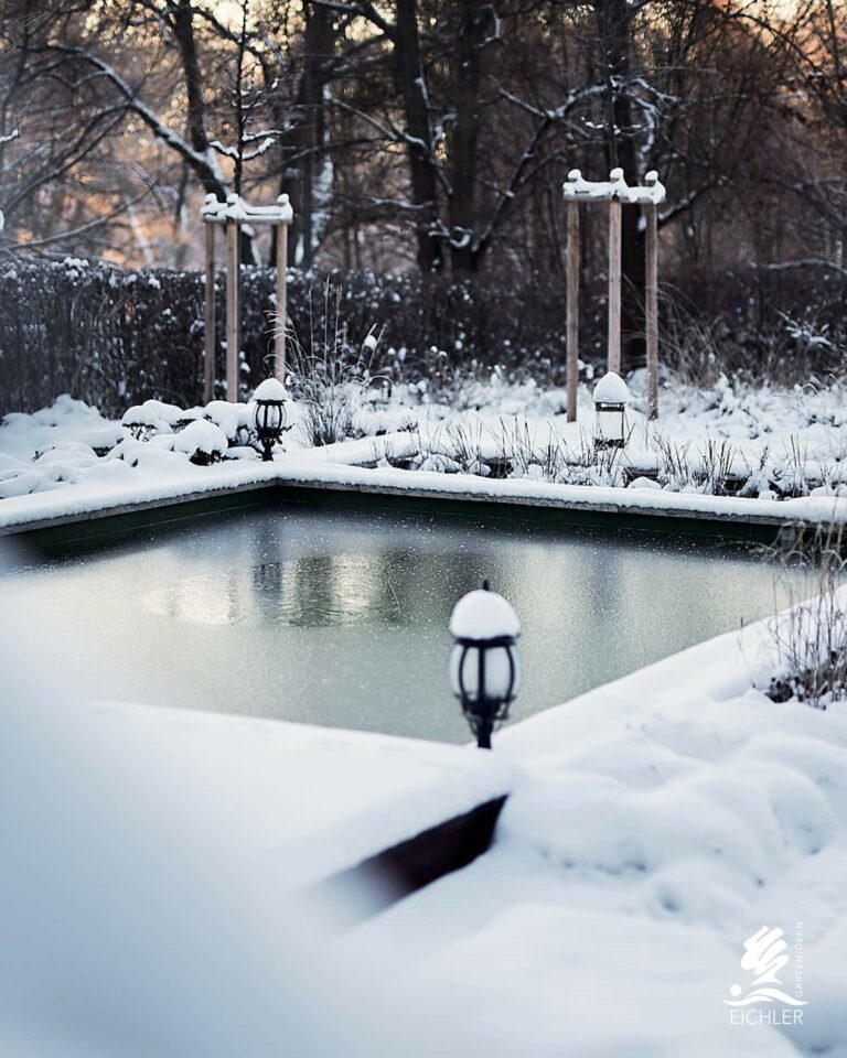 Naturpool im Winter mit Holzterrasse