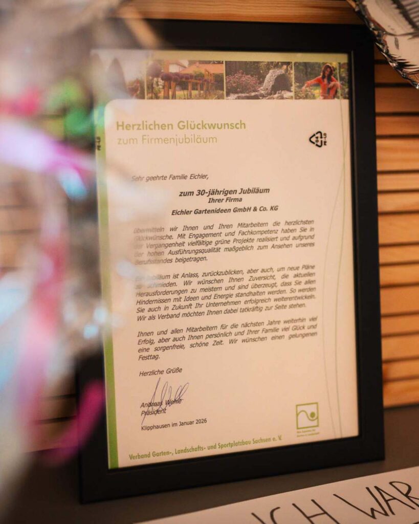 gerahmtes Glückwunschschreiben von Galabau Sachsen