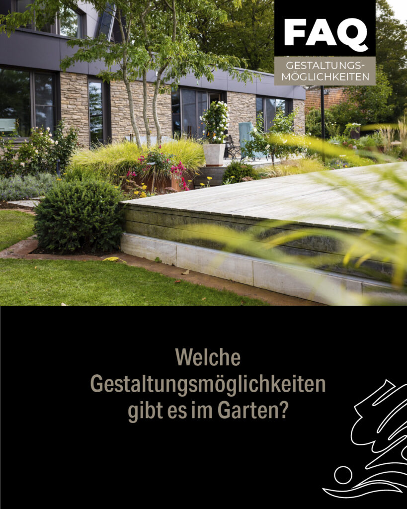 FAQ: Welche GEstaltungsmöglichkeiten gibt es im Garten. Bild: Moderner Garten mit Holzterasse, mit Pflanzungen und einem Haus aus Stein im Hintergrund