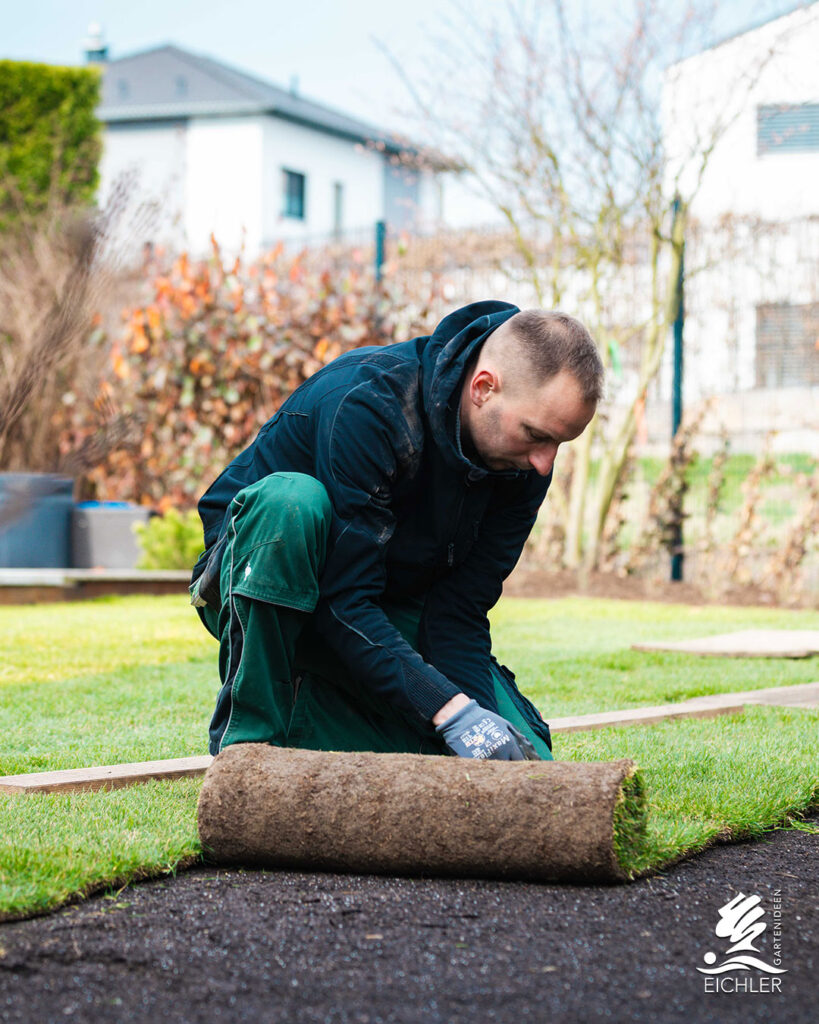 Eichler Mitarbeiter verlegt Rollrasen