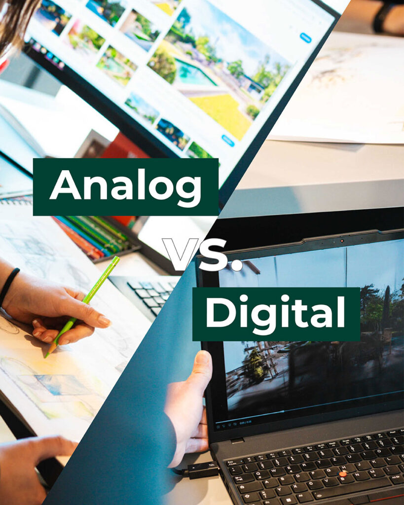 Analog vs. digital, Person zeichnet einen Gartenplan auf Papier, während eine andere dafür einen PC nutzt