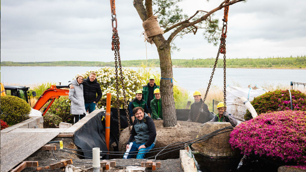 Gruppenfoto im Garten an einem See: Das Team der Gartenbaufirma Eichler Gartenideen und das Kundenpaar posieren lächelnd um eine große, frisch per Kran in ein vorbereitetes Beet schwebende Kiefer, deren Wurzelballen noch fest verpackt ist.