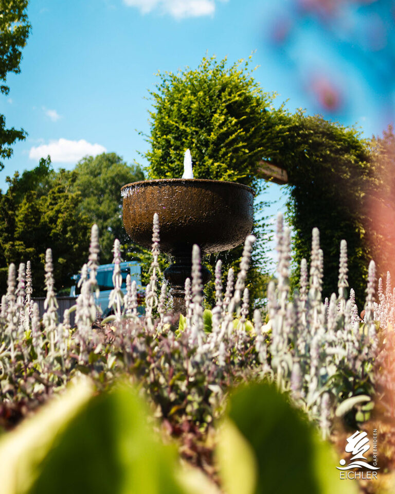 Klassischer kelchförmiger Gartenbrunnen mit Fontäne, eingebettet in ein Beet aus silbrigen Stauden und grünem Gebüsch.