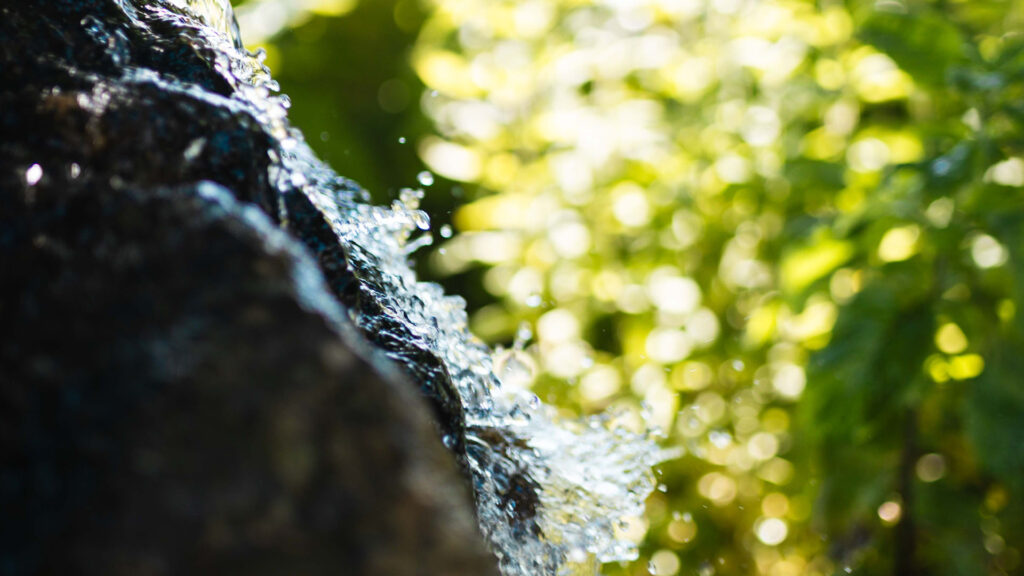 Nahaufnahme von fließendem Wasser, das über die dunkle Kante eines Quellsteins im sonnendurchfluteten Garten perlt.